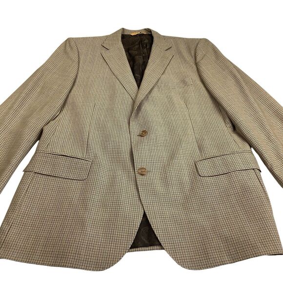 Robert Talbott Carmel Tan Blue Micro Plaid Blazer Jacket 42R Double Two Button - Picture 2 of 14